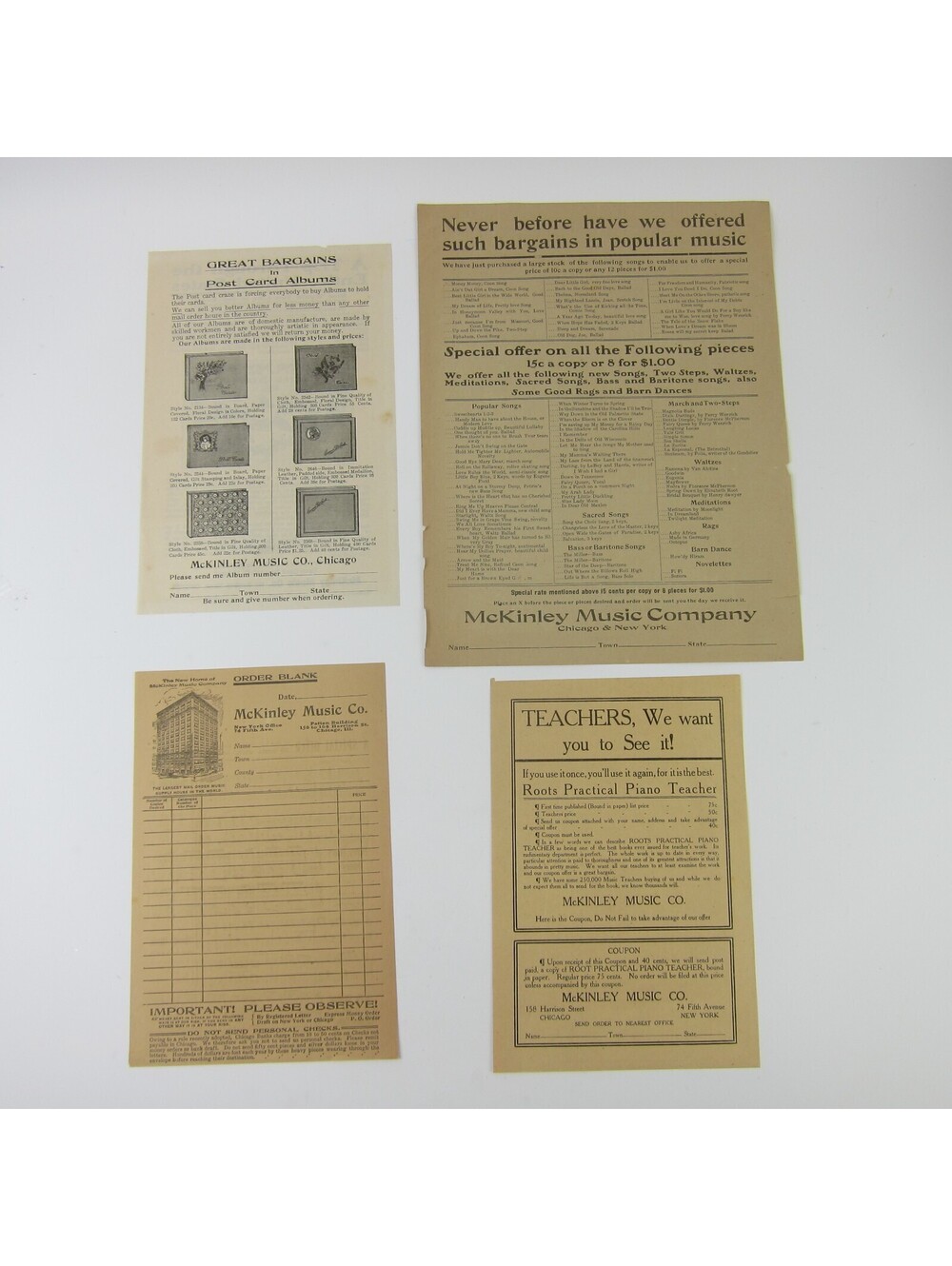 McKinley Music Company Advertising Flyers Order Form Sheet Music Samples Antique